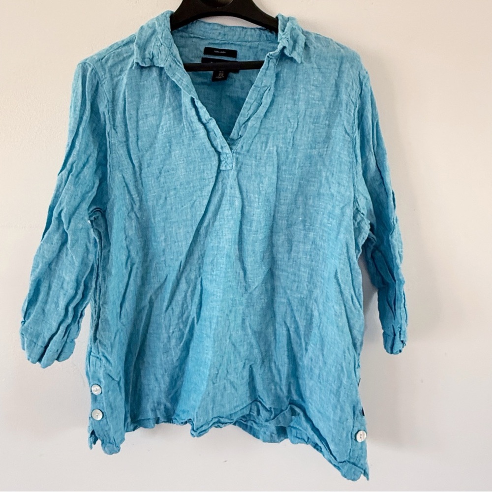 Tahari Women 100% Linen Popover 3/4 Sleeve Top 1X Coastal Beach Modest Casual